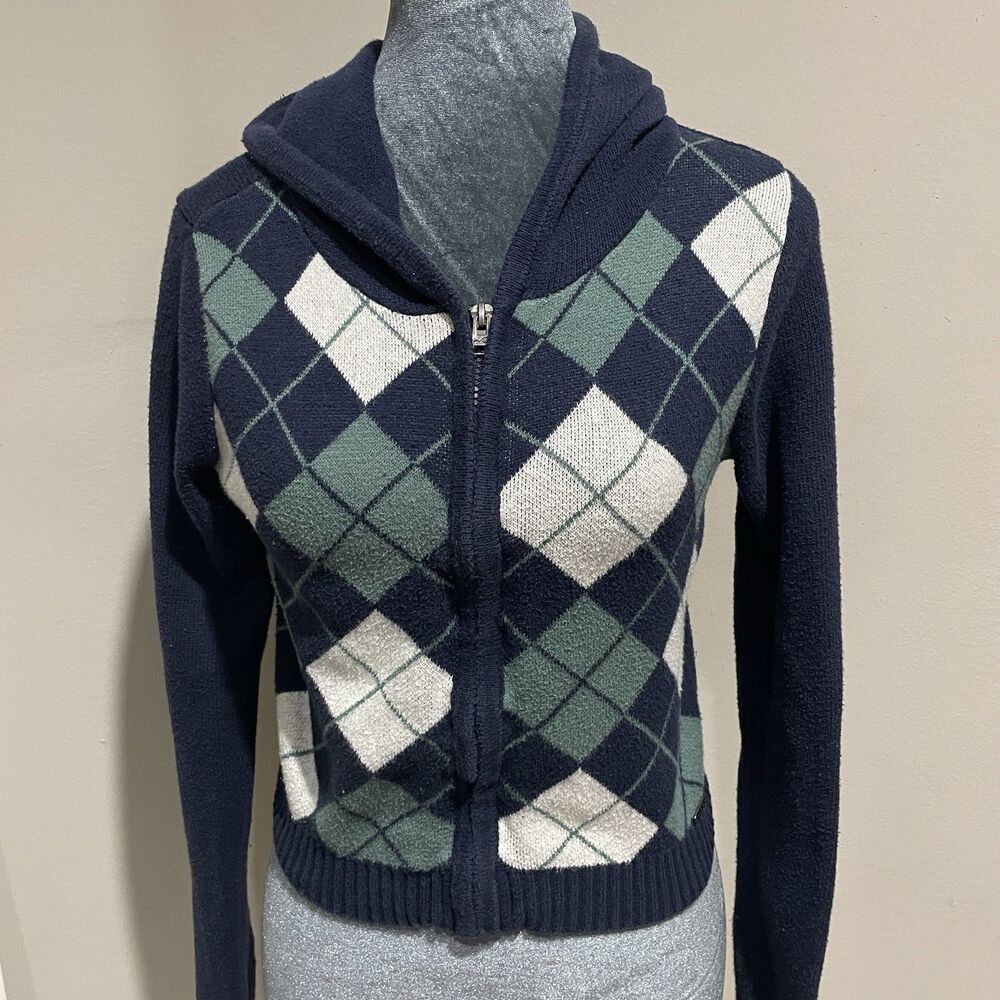 Hollister Argyle Sweater Hoodie XS Cropped Blue White Green Long Sleeve Zip Up